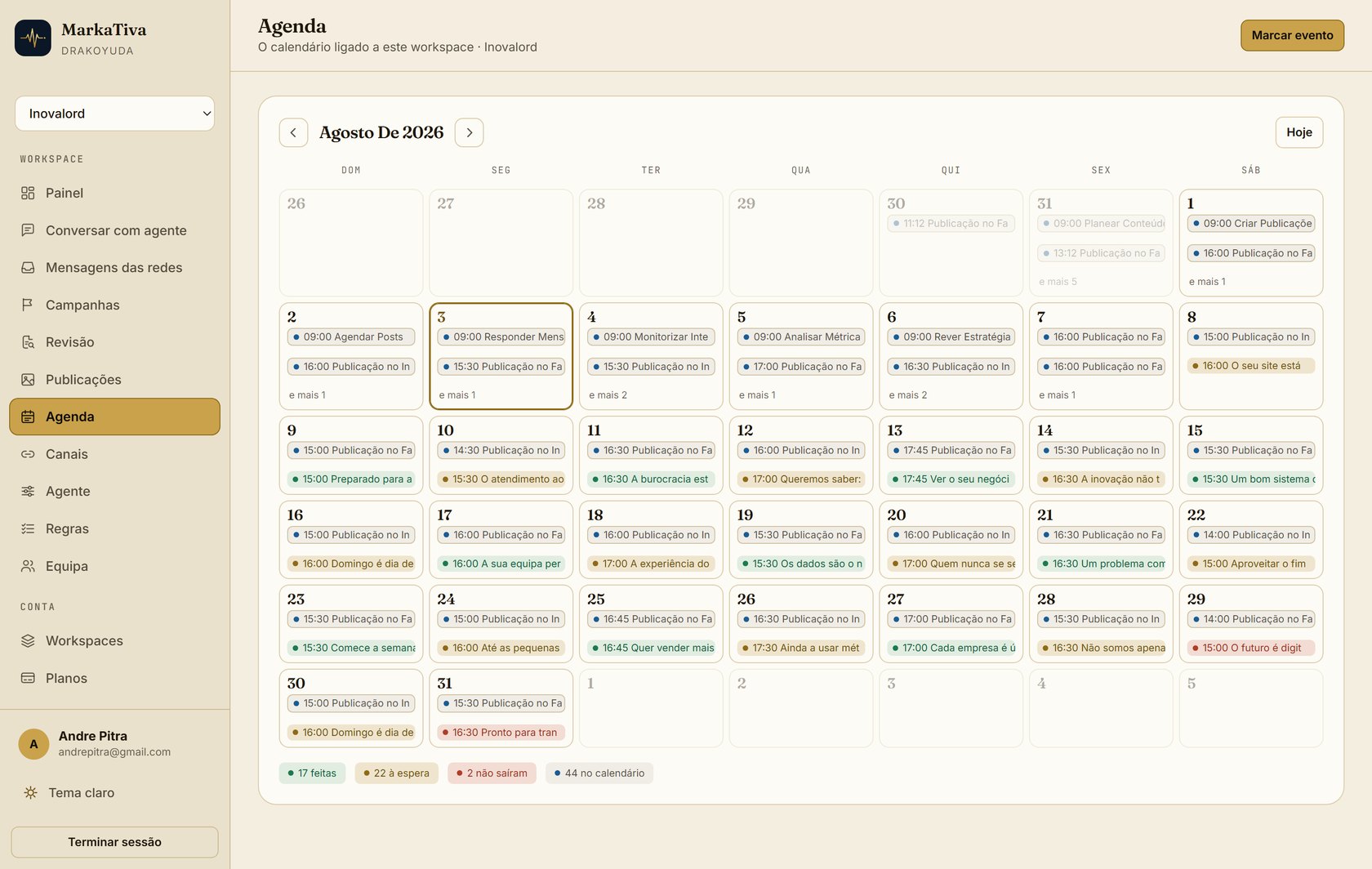 Calendário real da MarkaTiva com Agosto de 2026 preenchido: uma publicação por dia até ao dia 31