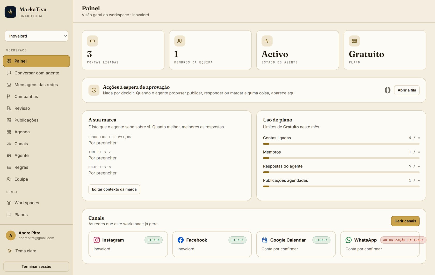Painel real da MarkaTiva: contas ligadas, estado do agente e canais Instagram, Facebook e Google Calendar